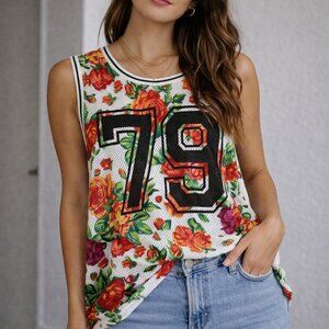Forever 21 Y2K Floral Mesh Tank Size Large | Oversized 79 Graphic Festival Top